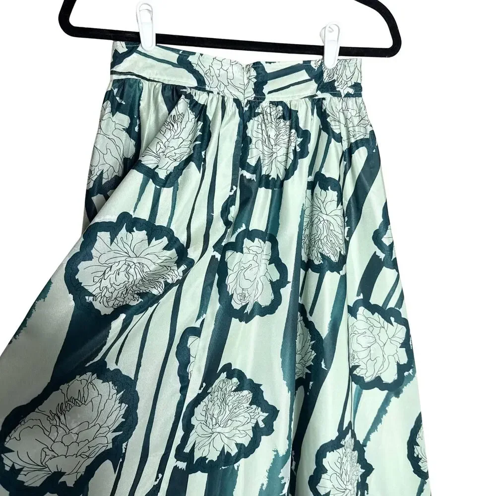 Anthropologie Troubadour Waterlily Floral Striped Circle Skirt 4P Green Workwear